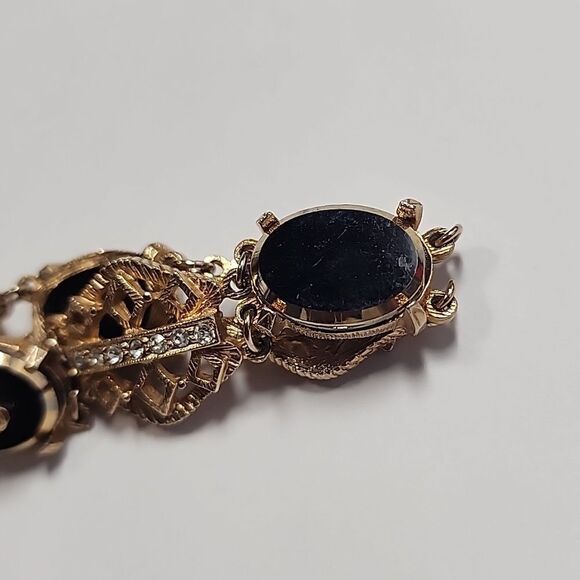 Bracelet Roses on Black w Crystals Costume Jewelry c 1960 - Picture 2 of 4